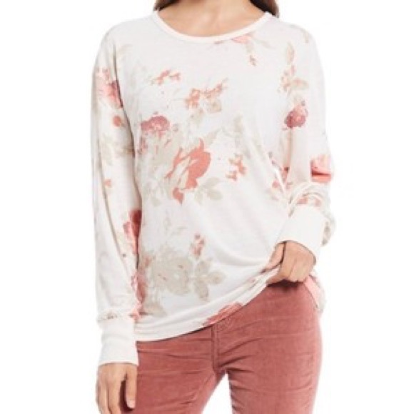 FREE PEOPLE IVORY AND PEACH ARIELLE FLORAL LONG SLEEVE TEE - Picture 2 of 7